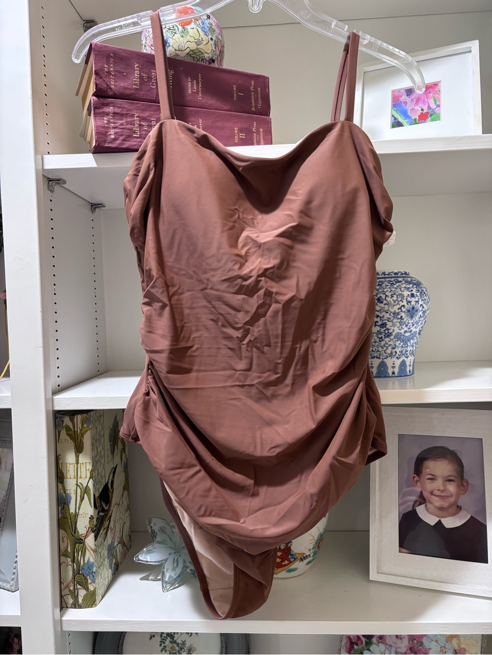 Brown One-Piece Swimsuit with Thin Straps L